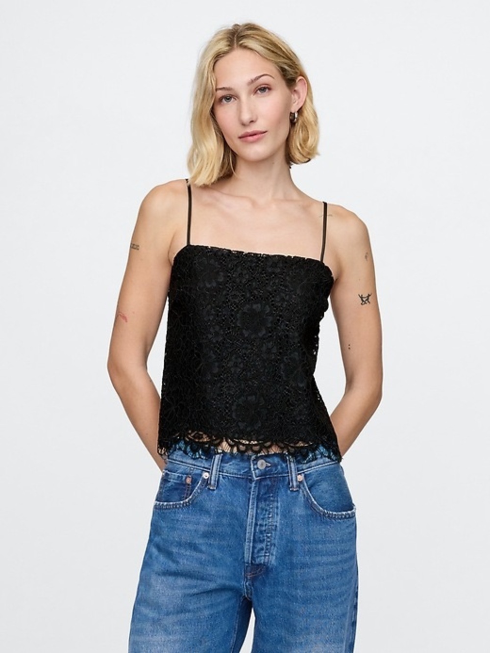 Gap Santin Black Lace Camisole Top with Spaghetti Straps, Size Small Tall